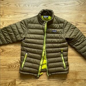 Patagonia Khaki Puffer Jacket with Lime Accents